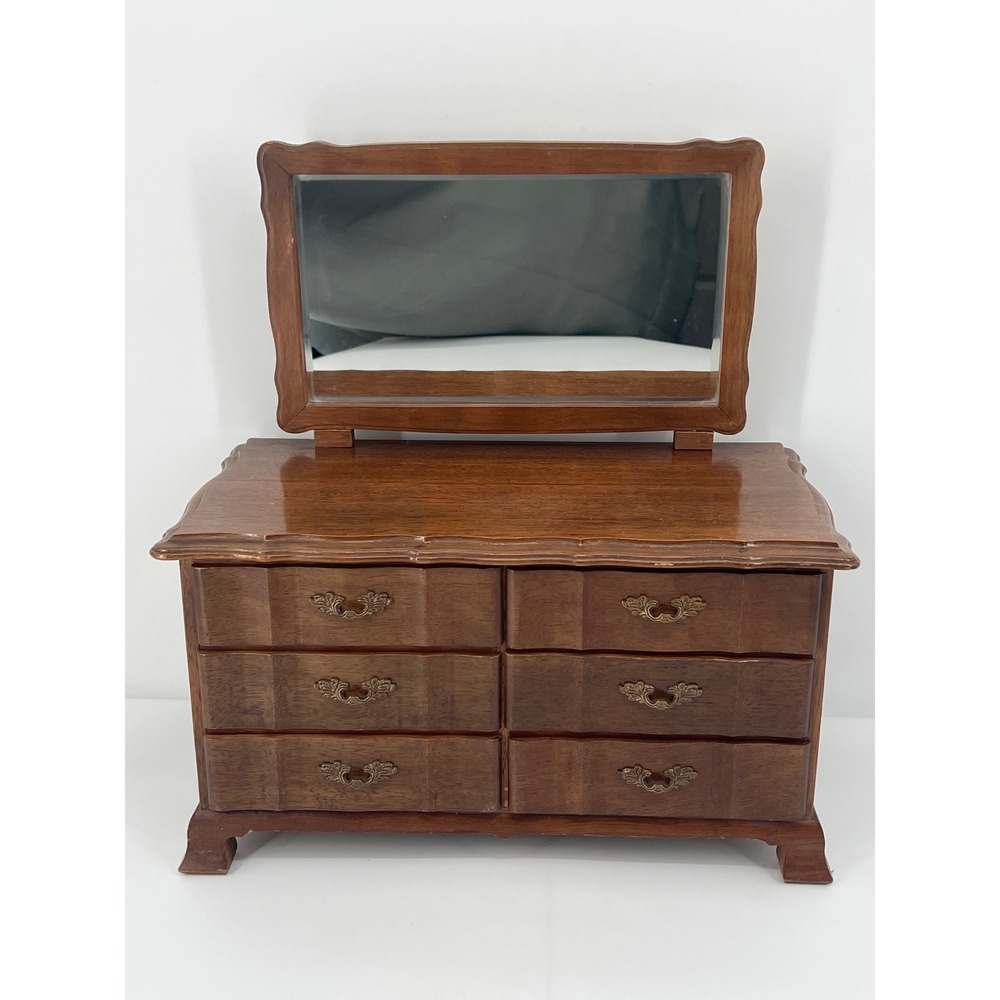 Large Vintage Brown Wood‎ Jewelry Box Mini Dresser w/ Mirror Chest 1950's Japan